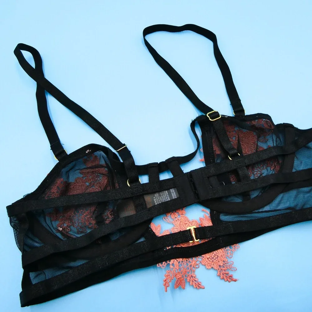 Bluebella 32B Lingerie Bra Semi‎ Transparent Mesh Black Balconette Orange Floral